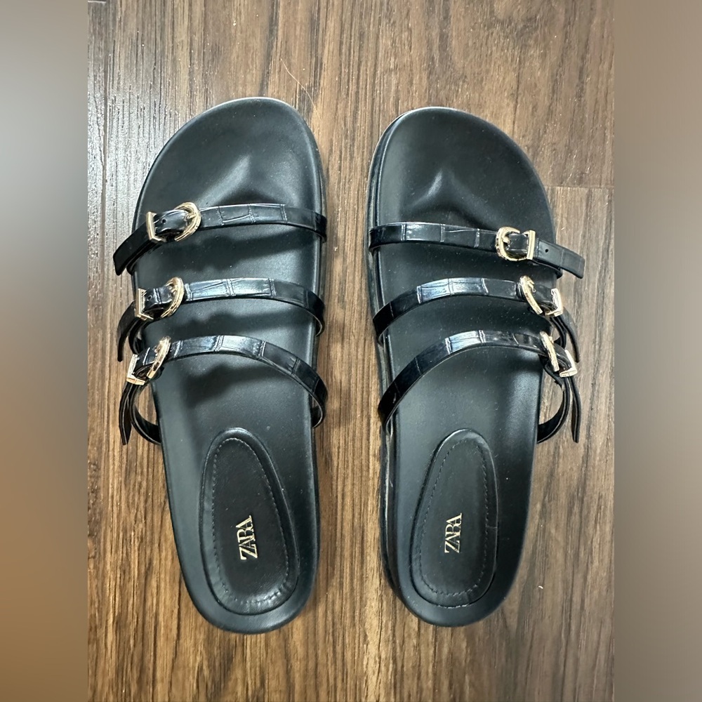 Black strappy Zara sandals with gold buckles size 8